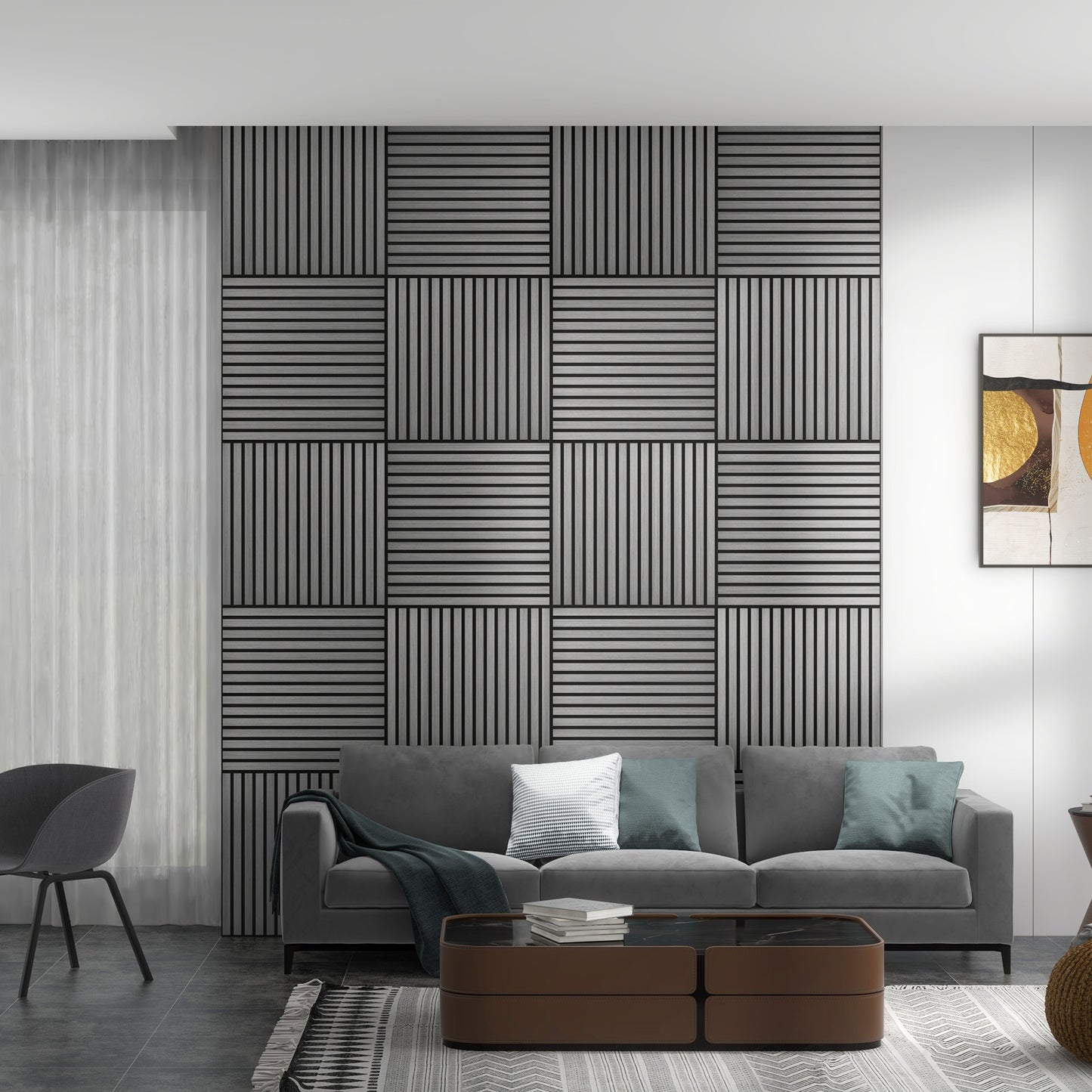 4-Pack Gray Wood Slat Acoustic Wall Panels (24"x24")